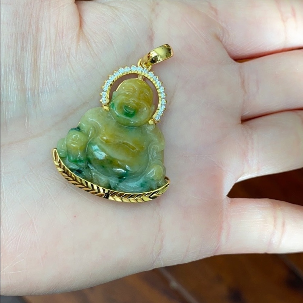 14K Real Solid Gold Laughing Buddha Jade Pendant